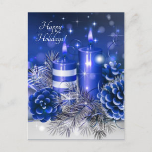 blue candles pine cones holiday postcard