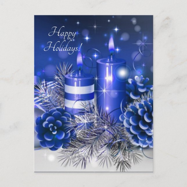 blue candles pine cones holiday postcard (Front)