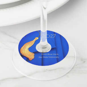 Blue Cap and Gown with Gold Tassel Wine Glass Tag