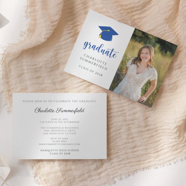 Blue Cap & Tassel Photo Graduation Party Invitation (Creator Uploaded)