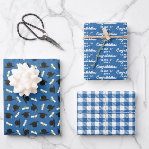 Blue Caps Diplomas Mixed Graduation Patterns Wrapping Paper Sheet