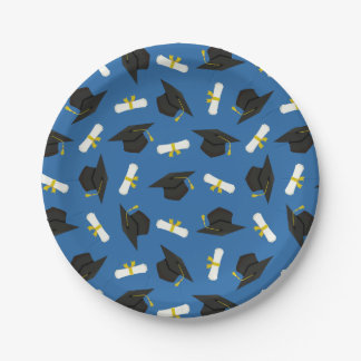 Blue Caps Diplomas Pattern Graduation Party Paper Plate
