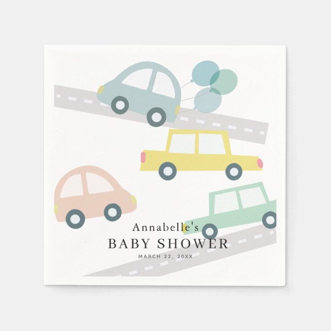 Blue Car Balloons White Boy Baby Shower Napkin (Front)