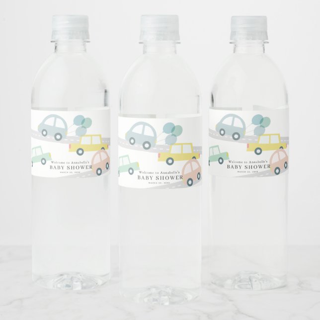 Blue Car Balloons White Boy Baby Shower Water Bottle Label (Bottles)