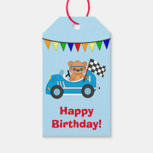Blue Car Bear Race Birthday Gift Tags