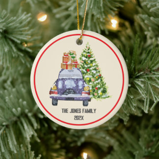 Blue Car Christmas Tree Personalized Family Ceramic Ornament