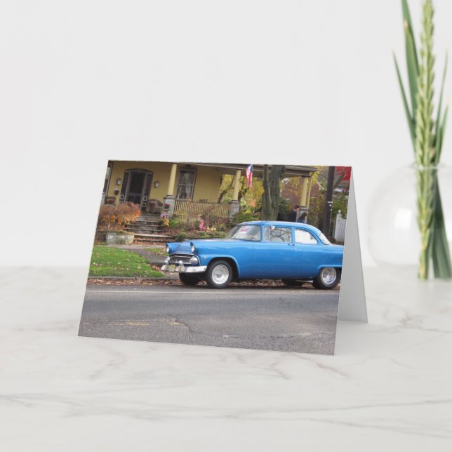 Blue Car in Small Town Birthday Card, Customizable Card (Front)