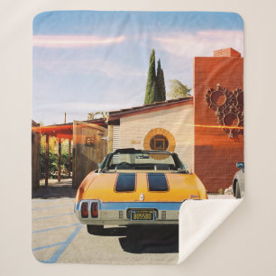 Blue car parked beside brown concrete building in sherpa blanket