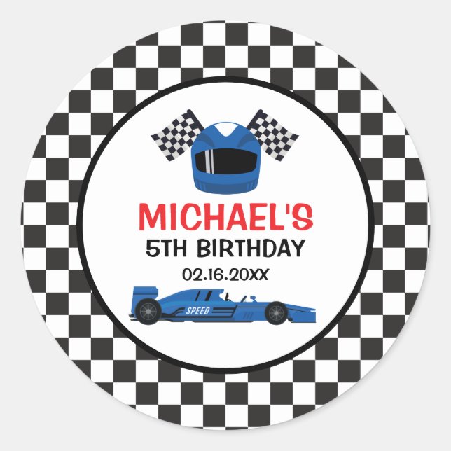 Blue Car Racing Birthday Classic Round Sticker (Front)