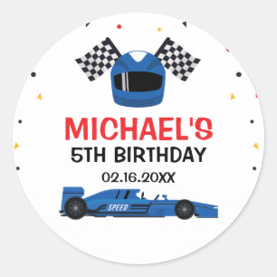 Blue Car Racing Birthday Classic Round Sticker