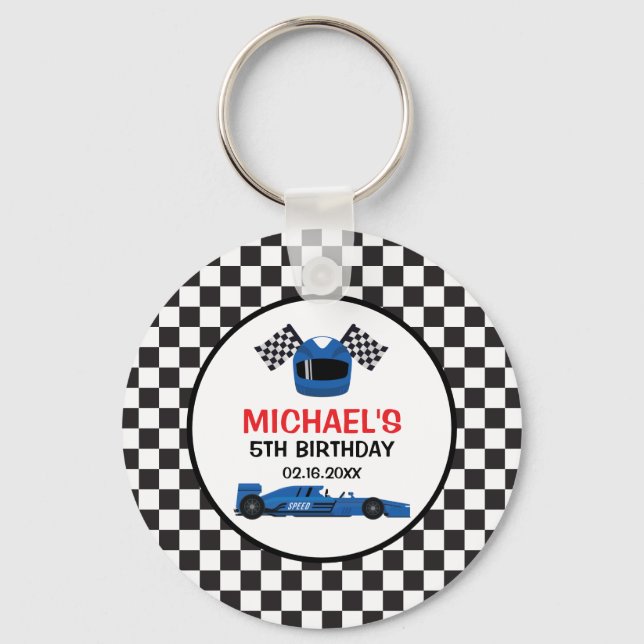 Blue Car Racing Birthday Keychain (Front)