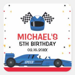 Blue Car Racing Birthday Square Sticker