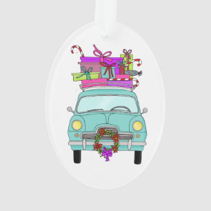 Blue Car with Christmas Gifts Ornament