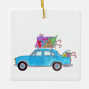 Blue Car with Christmas Gifts Watercolor Ceramic Ornament