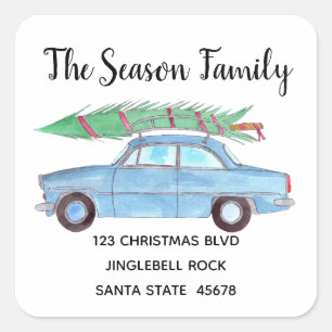Blue Car with Christmas tree Watercolor Square Sticker
