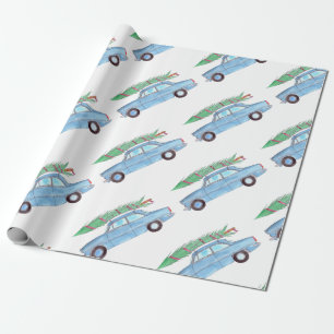 Blue Car with Christmas tree Watercolor Wrapping Paper