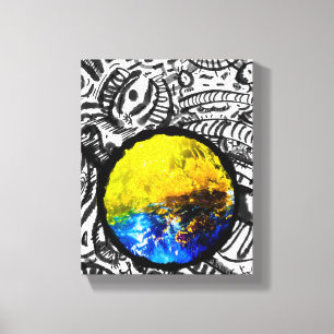 Blue Car Yellow Flowers Circular Phrame Art Canvas Print