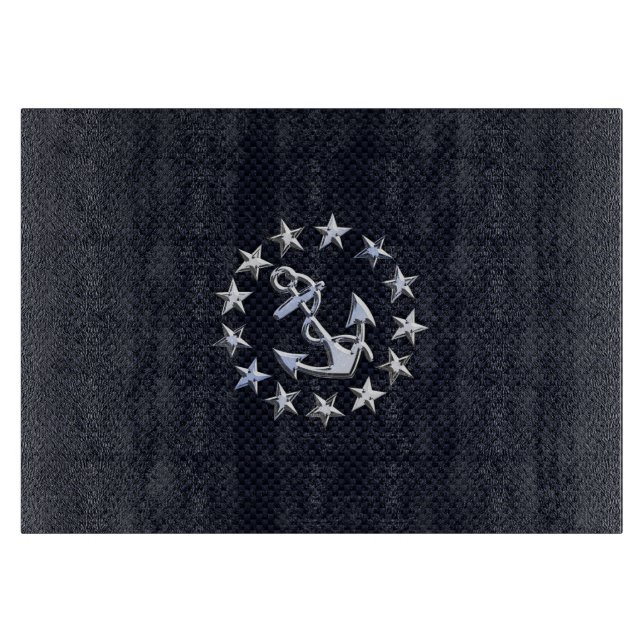 Blue Carbon Fibre Nautical Chrome Yacht Flag Print Cutting Board (Front)
