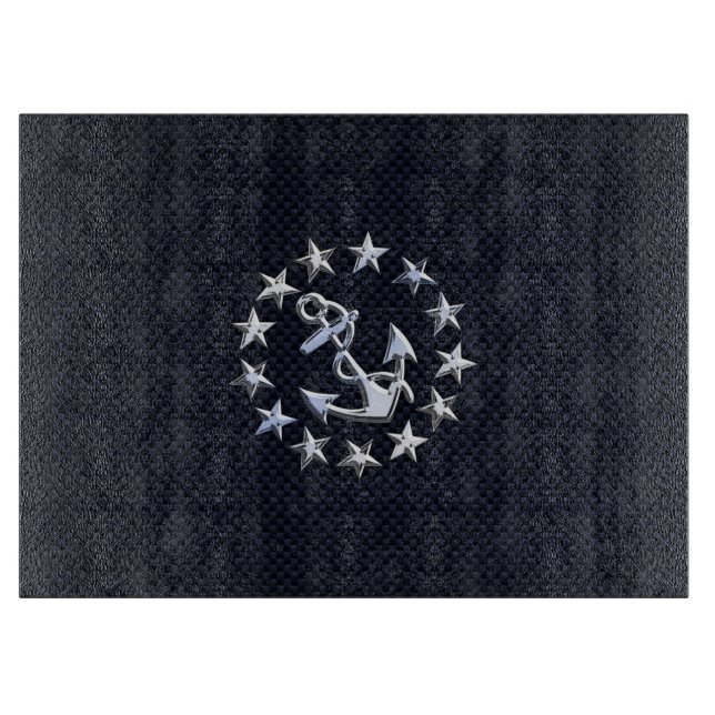 Blue Carbon Fibre Nautical Chrome Yacht Flag Print Cutting Board (Front)