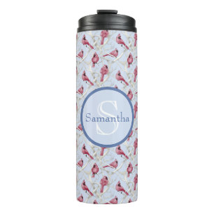 Blue Cardinal Birds Personalized Monogram Name Thermal Tumbler