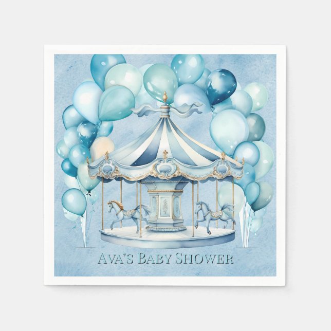Blue Carousel with Arch Balloons Boy Baby Shower Napkin (Front)