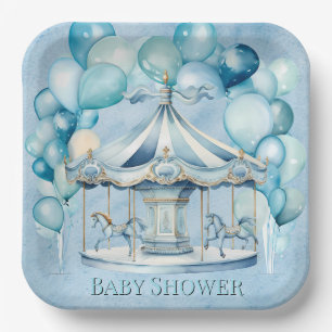 Blue Carousel with Arch Balloons Boy Baby Shower Paper Plate