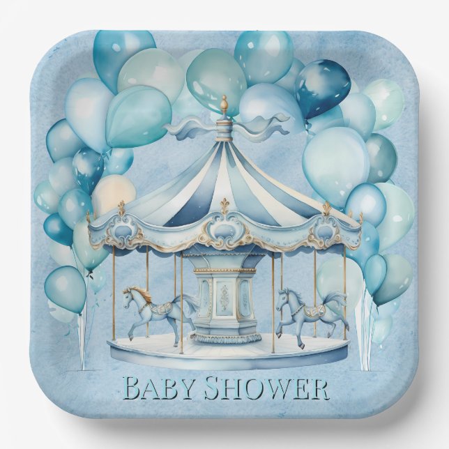 Blue Carousel with Arch Balloons Boy Baby Shower Paper Plate (Front)