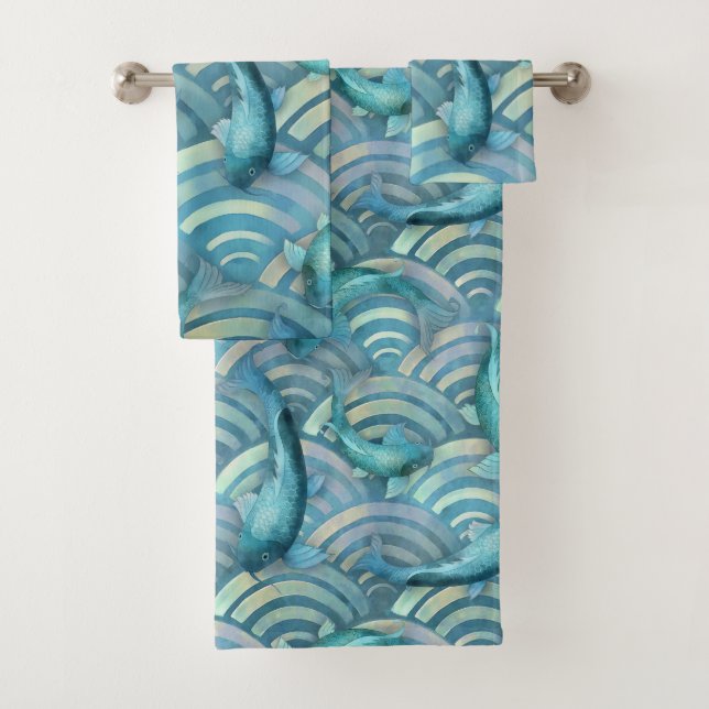 Blue Carp Koi Fish Pattern Bath Towel Set (Insitu)