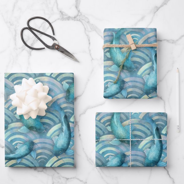 Blue Carp Koi Fish Pattern Wrapping Paper Sheet (Front)