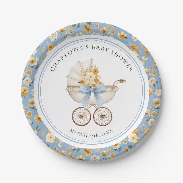 Blue Carriage Floral Baby Shower Plate (Front)