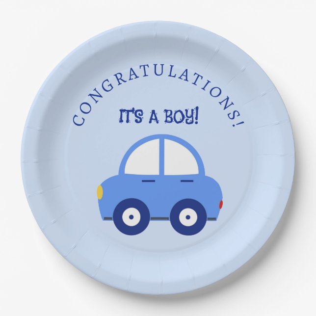 Blue Cars It's a Boy Baby Shower Paper Plate (Front)
