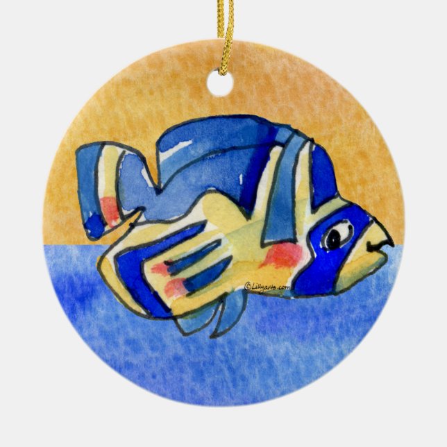 Blue Cartoon Butterfly Fish Ceramic Ornament (Front)