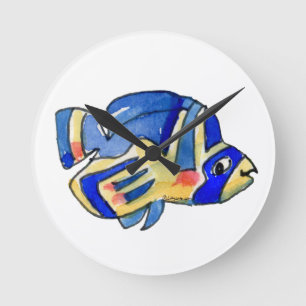 Blue Cartoon Butterfly Fish Round Clock