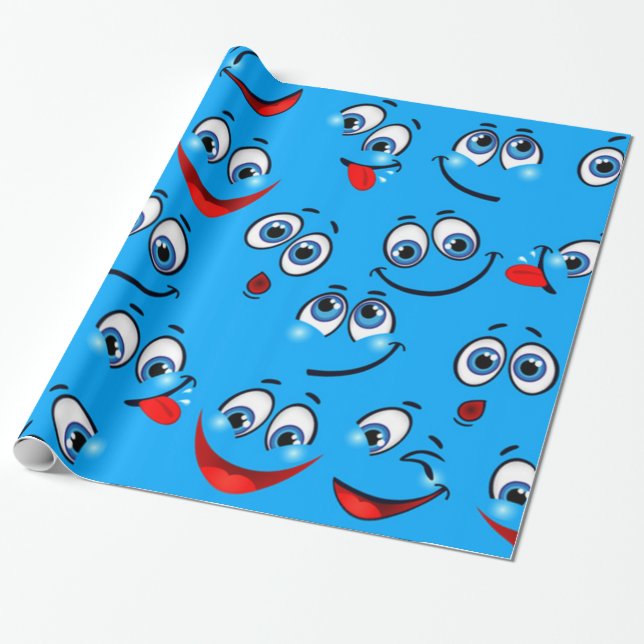 Blue Cartoon Face Pattern Wrapping Paper (Unrolled)