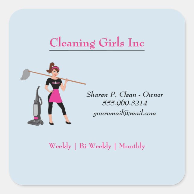 Blue Cartoon Girl With Mop House Cleaning Service  Square Sticker (Front)