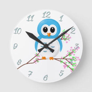 Blue Cartoon Owl on a Branch Round Clock