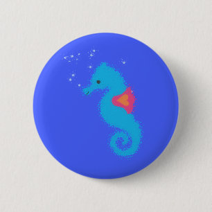 Blue Cartoon Seahorse 2 Inch Round Button