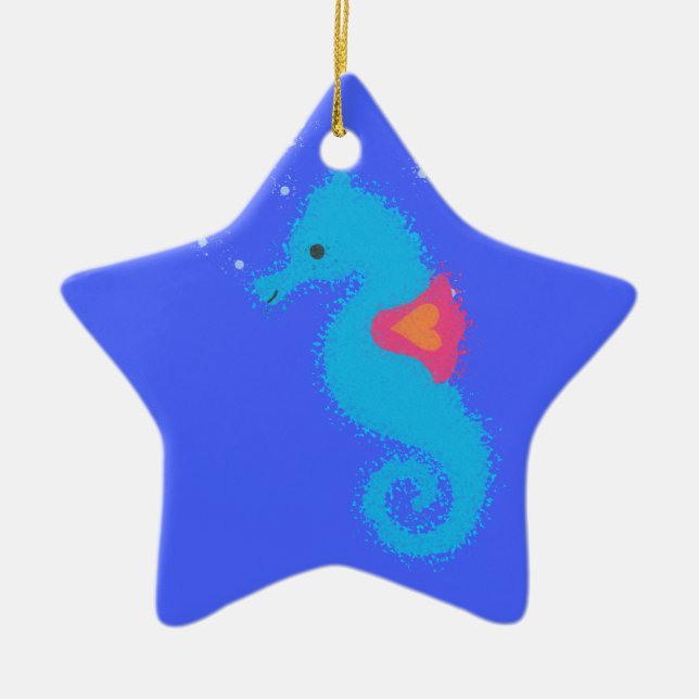 Blue Cartoon Seahorse Ceramic Ornament (Front)