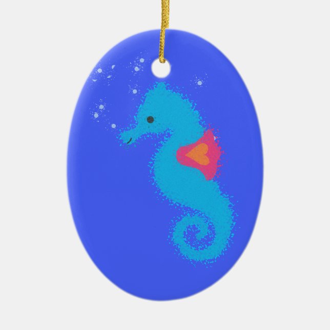Blue Cartoon Seahorse Ceramic Ornament (Front)