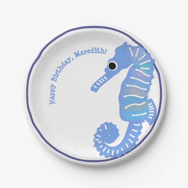 Blue Cartoon Seahorse Cute Party Paper Plate (Front)