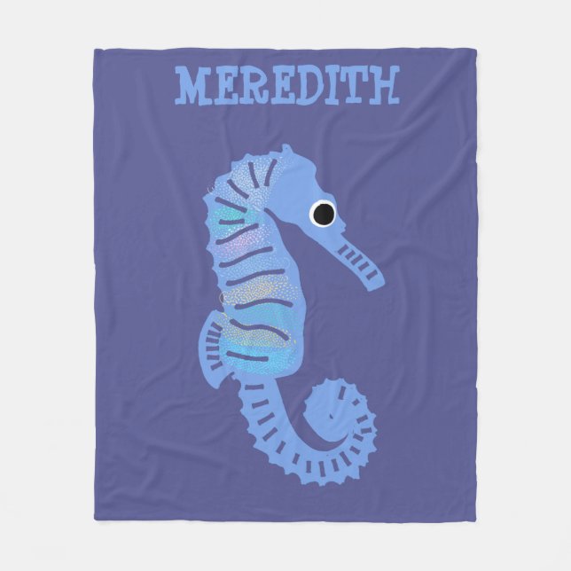 Blue Cartoon Seahorse Cute Personalized Fleece Blanket (Front)