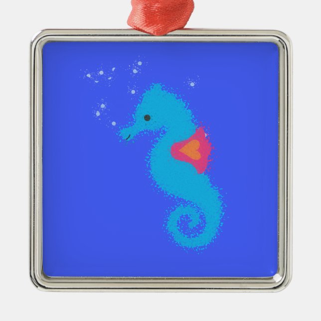 Blue Cartoon Seahorse Metal Ornament (Front)