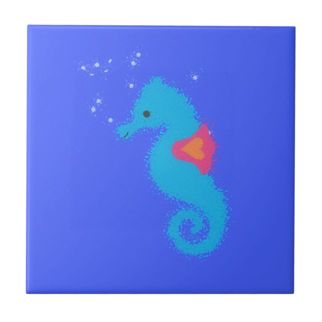 Blue Cartoon Seahorse Tile (Front)