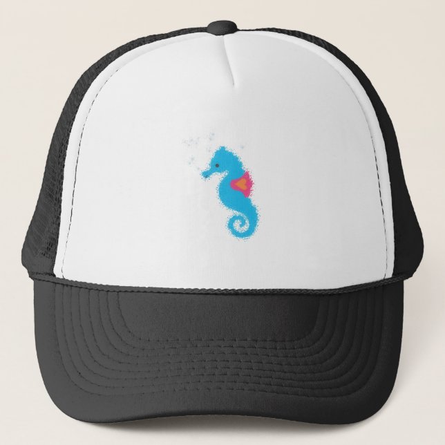 Blue Cartoon Seahorse Trucker Hat (Front)