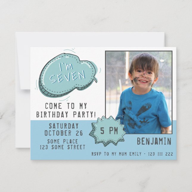 Blue Cartoon Speech Bubble Boy Photo Birthday (Front)