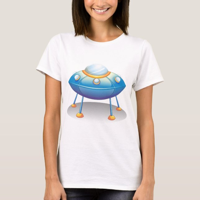 Blue Cartoon UFO Spaceship Fun Sci-Fi T-Shirt (Front)