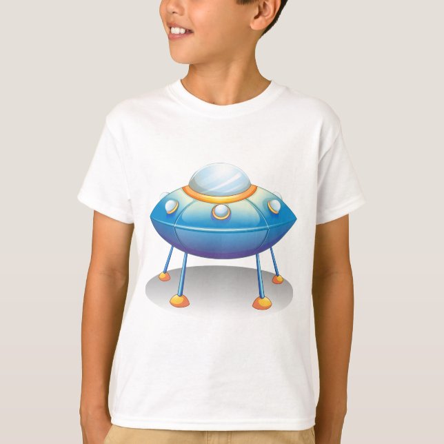 Blue Cartoon UFO Spaceship Fun Sci-Fi T-Shirt (Front)