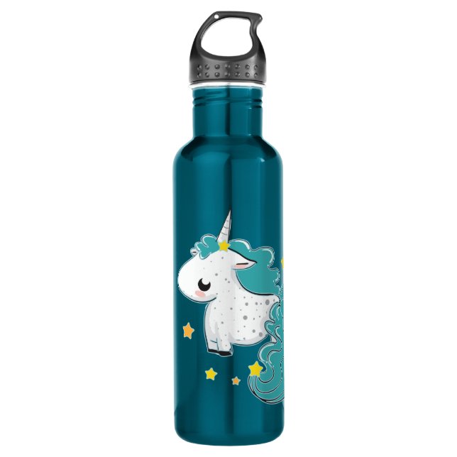 Blue cartoon unicorn with stars 710 ml water bottle (Front)