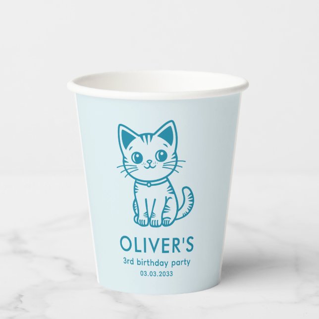 Blue cat birthday party with custom colours kitten paper cups (Front)