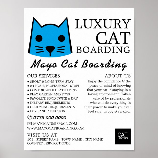 Blue Cat, Cat Boarding, Cattery Advertising Poster (Front)